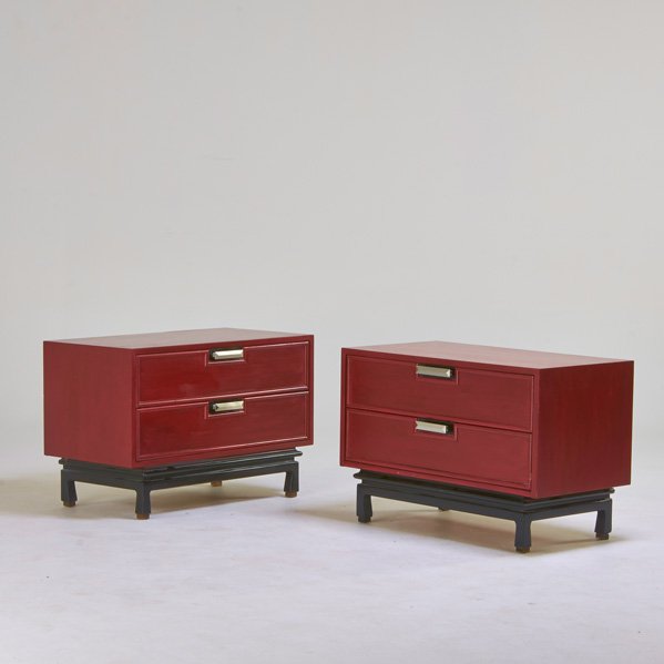 AMERICAN OF MARTINSVILLE: Pair of nightstands, USA, 1960s; Painted wood, brushed metal; Branded; 24 1/2" x 36" x 20"