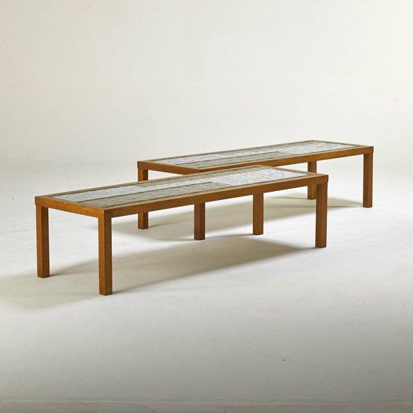 GORDAN MARTZ: Pair of low tables, USA, 1960s; Walnut, glazed tiles; Unmarked; 16" x 62 1/2" x 21"