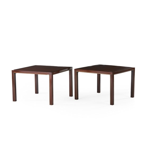 EDWARD WORMLEY; DUNBAR: Pair of side tables, Berne, IN, 1960s; Mahogany with brass inlay; Both with metal tags; Each: 21" x 30" sq.