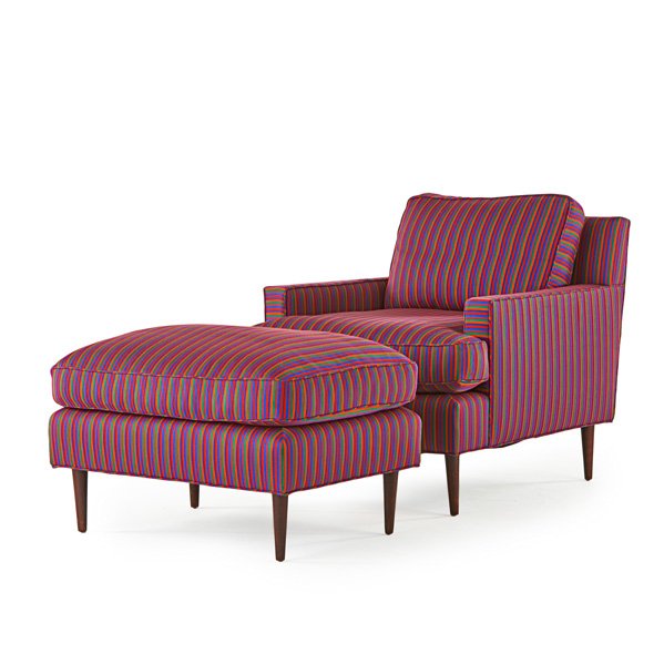 STYLE OF EDWARD WORMLEY: Lounge chair and ottoman, USA, 1960s; Walnut, upholstery; Unmarked; Chair: 37" x 32" x 35", ottoman: 19 1/2" x 32" x 22"