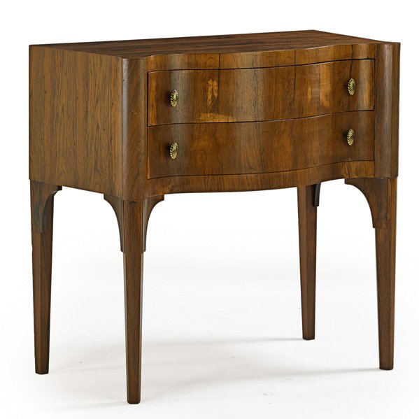 EDWARD WORMLEY; DUNBAR: Two drawer cabinet, Berne, IN, 1950s; Rosewood, brass; Unmarked; 32" x 33" x 17 1/2"