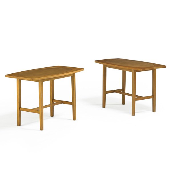 PAUL McCOBB; WINCHENDON FURNITURE CO.: Pair of Planner Group side tables, Winchendon, MA, 1950s; Birch, leather; Manufacturer's metal labels; 20" x 30" x 18"