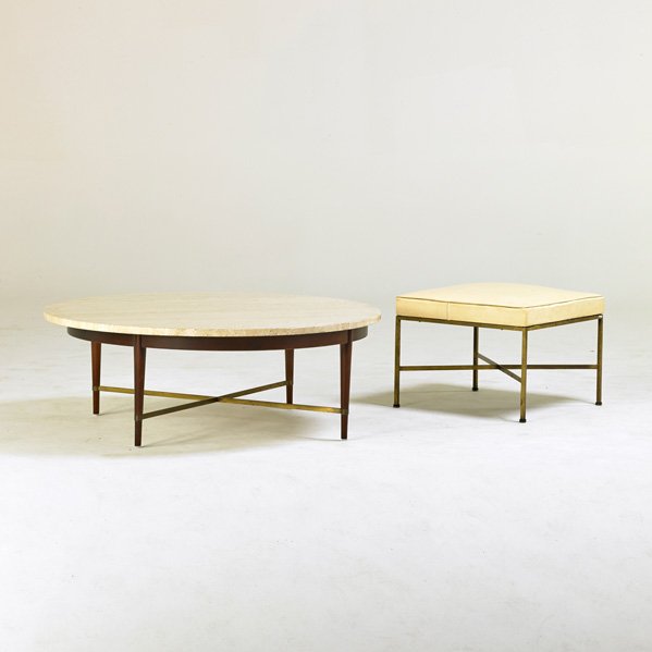 PAUL McCOBB; CALVIN: Coffee table and bench, Grand Rapids, MI, 1950s; Walnut, brass, travertine, vinyl; Manufacturer's label to coffee table; Coffee table: 15" x 42" dia., bench: 16" x 20 1/2" sq.
