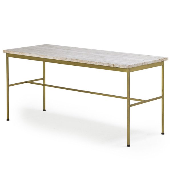 PAUL McCOBB: Console, Grand Rapids, MI, 1950s; Brass, travertine; Unmarked; 22 1/2" x 48" x 20"