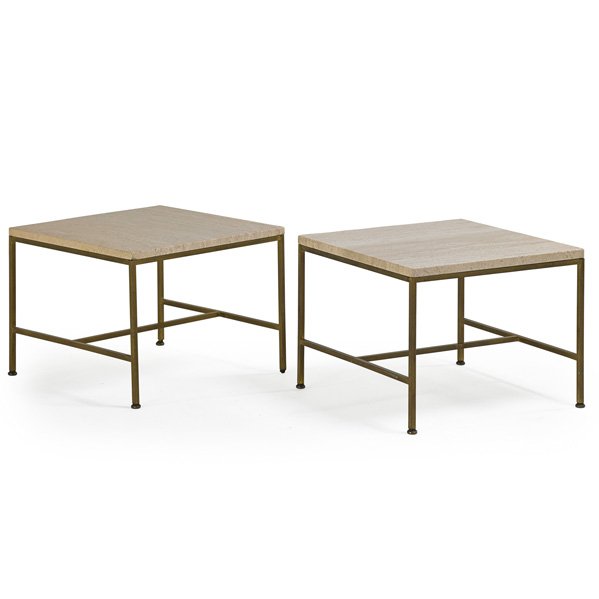 PAUL McCOBB: Pair of side tables, Grand Rapids, MI, 1950s; Brass, travertine; Unmarked; 15" x 20" sq.