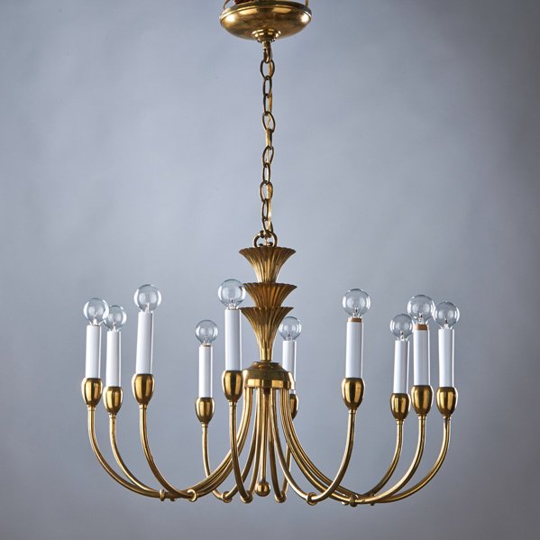 STYLE OF TOMMI PARZINGER: Ten-arm polished brass chandelier, USA, 1950s; Unmarked; To ceiling cap: 28 1/2" x 23" dia.