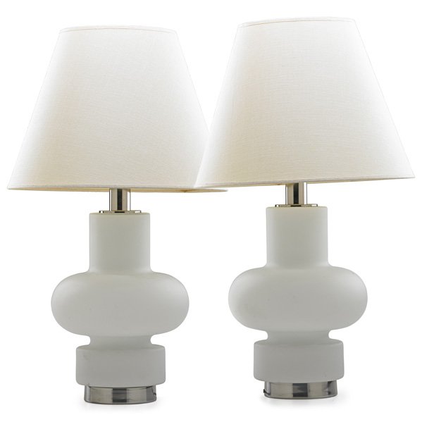 LAUREL LAMP CO.: Pair of single socket table lamps with illuminated bases, Newark, NJ, 1970s; Blown glass, chromed metal, linen; Original Laurel paper labels; Overall: 35" x 21"