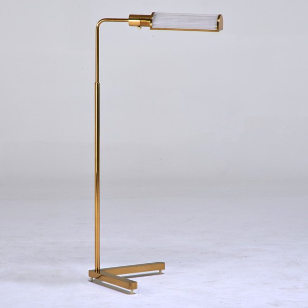 CASELLA: Adjustable reading floor lamp, San Francisco, CA, second half 20th c.; Polished brass, frosted glass; Paper label; Overall: 40 1/2" x 20 1/2" x 18"