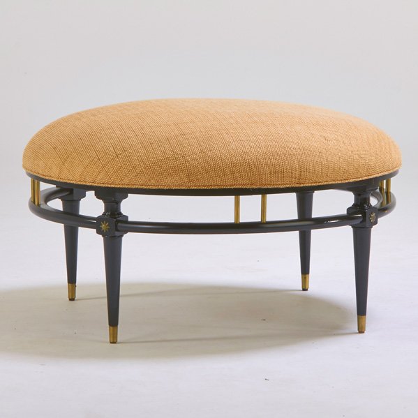 JAMES MONT (Attr.); WEIMAN: Round ottoman, USA, 1960s; Ebonized wood, brass, wool; Stamped; 20" x 36" dia.
