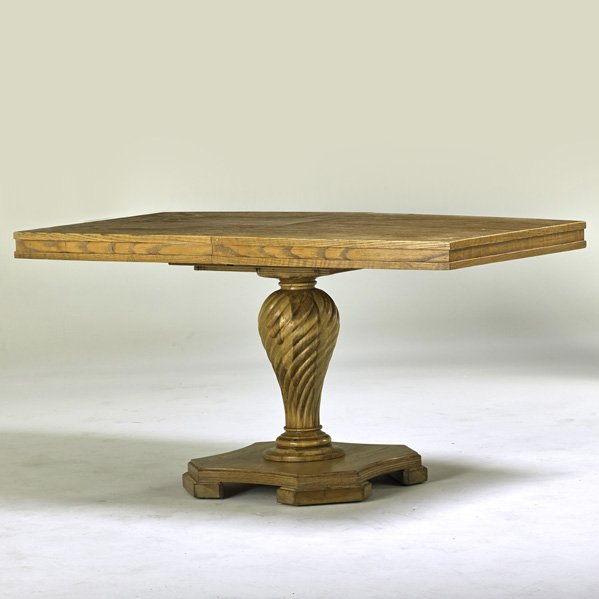 JAMES MONT; JAMES MONT DESIGNS: Pedestal dining table, USA, 1950s; Limed oak; Unmarked; Closed: 30 3/4" x 60 1/2" x 33", two 11 1/4" leaves, 83" long open