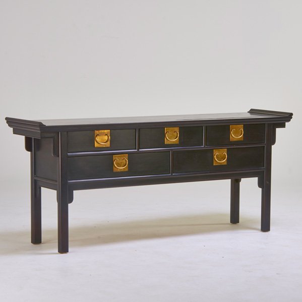 STYLE OF JAMES MONT: Server, USA, 1970s; Ebonized wood, brass; Unmarked; 31 1/2" x 73" x 18"
