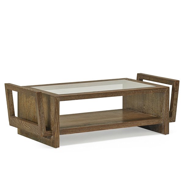 JAMES MONT: Coffee table, New York, 1960s; Cerused oak, glass; Branded mark; 18" x 54" x 26"