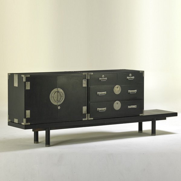STYLE OF JAMES MONT: Two cabinets and a bench, USA, 1950s; Ebonized wood, pewter; Unmarked; Overall: 36" x 96" x 18"