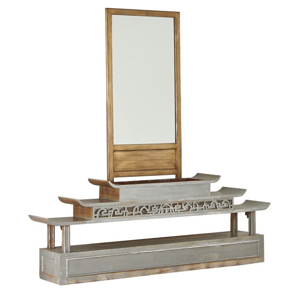 JAMES MONT: Tiered hall table and wall mirror, USA, 1960s; Silvered wood, glass, mirror; Unmarked; Mirror: 48" x 24" dia., table: 26" x 72" x 13"