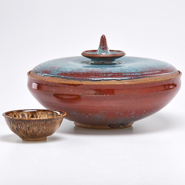 HOWARD KOTTLER; NORMAN ELWYN ARSENAULT: Kottler stoneware bowl with brown flambe glaze and Arsenault covered bowl, Massachusetts and Ohio, 1950s; Both signed; Larger: 12 1/2" dia.