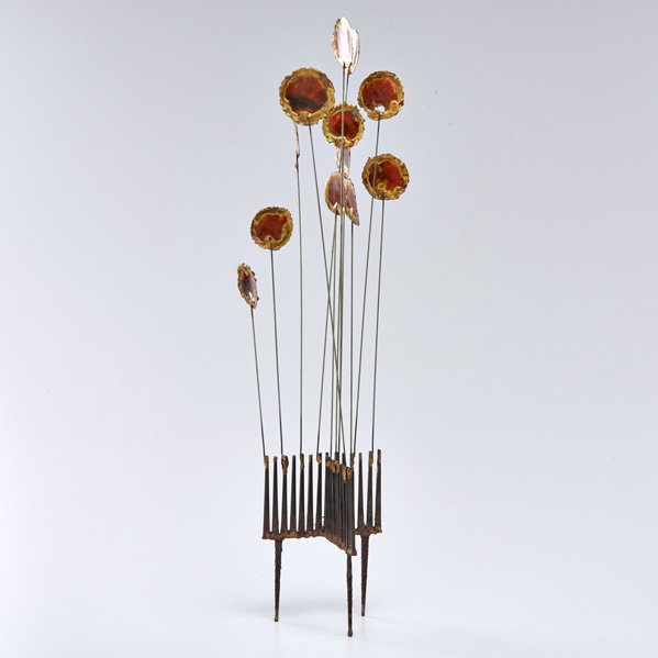STYLE OF C. JERE: Kinetic brass sculpture with stylized flowers, 1970s; Unmarked; Overall: 24 1/2" x 4 3/4" x 5"