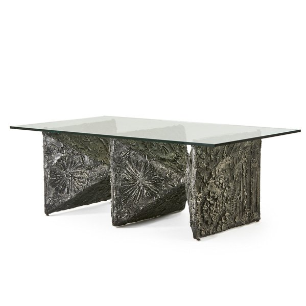 ADRIAN PERSALL: Dining table, USA, 1970s; Silvered composite, glass; Unmarked; 29" x 80" x 45"