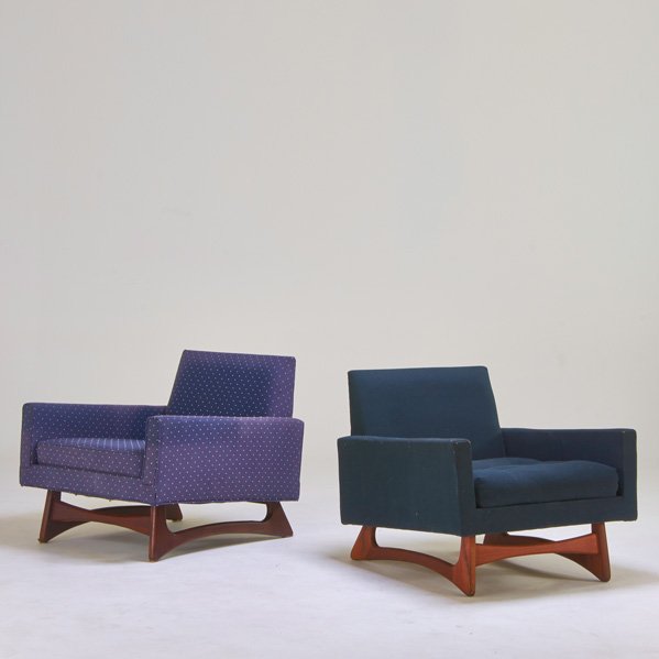 ADRIAN PEARSALL; CRAFT ASSOCIATES: Pair of lounge chairs, Wilkes Barre, PA, 1960s; Sculpted walnut, upholstery, Unmarked; 29" x 30" x 34"