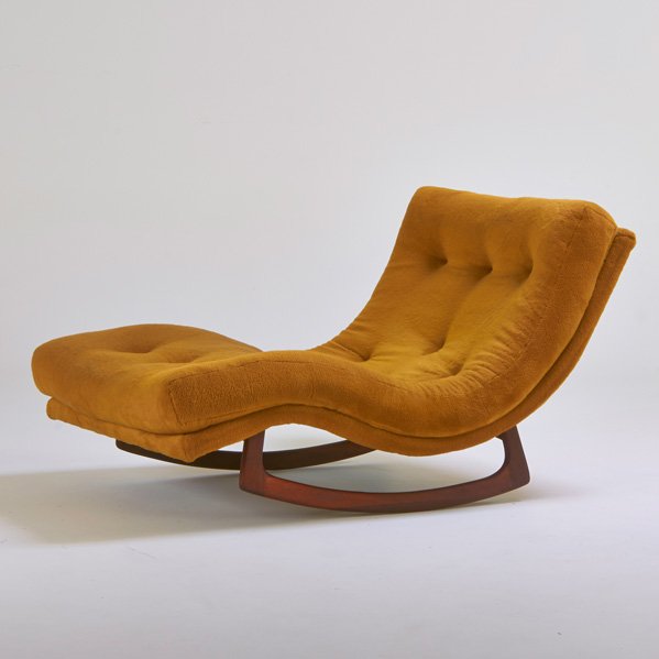 ADRIAN PEARSALL; CRAFT ASSOCIATES: Double-wide rocking chaise-lounge, Wilkes Barre, PA, 1960s; Sculpted walnut, upholstery; Unmarked; 32" x 38" x 58"