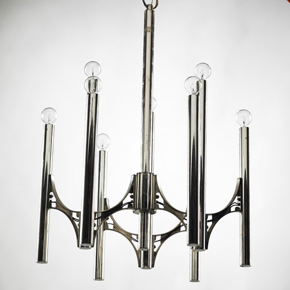 LIGHTOLIER, ETC.: Three chandeliers, USA/Italy, 1960s; Chromed and enameled metal; One sticker label; Tallest: 32" x 19 1/4"
