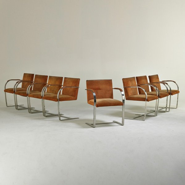 BRUETON: Eight BRNO style chairs, USA, 1970s; Chromed steel, suede; Unmarked; 31 1/2" x 22 1/2" x 22"