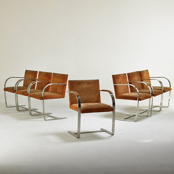 BRUETON: Seven BRNO style chairs, USA, 1970s; Chromed steel, suede; Unmarked; 31 1/2" x 22 1/2" x 22"