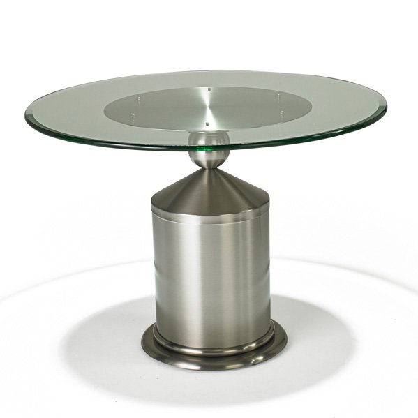 BRUETON: Ginger table, New York, 1970s; Patinated steel, glass; Unmarked; 30" x 41 1/2" dia.