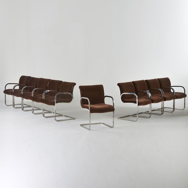 BRUETON: Ten cantilevered armchairs, USA, 1970s; Chromed steel, mohair upholstery; 30 1/2" x 21" x 24"