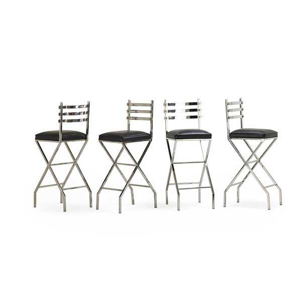 AMERICAN: Four bar stools, 1970s; Chromed steel, leather; Unmarked; 44" x 16 1/2" x 19 1/2", height to seat: 31 1/2"