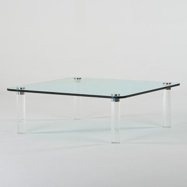 STYLE OF CHARLES HOLLIS JONES: Cocktail table, USA, ca. 1970s; Glass, lucite, chromed steel; Unmarked; 16 1/2" x 48" sq.