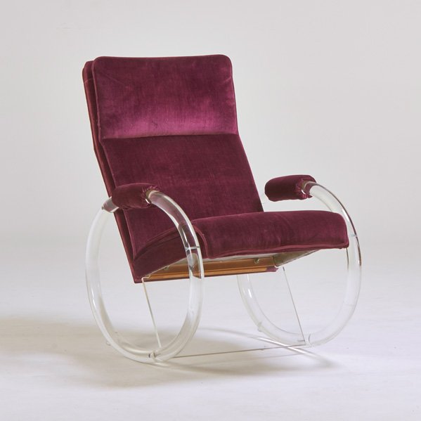 CHARLES HOLLIS JONES (Attr.): Rocking chair, USA, 1970s; Acrylic, velvet ; Unmarked; 37" x 25" x 33"