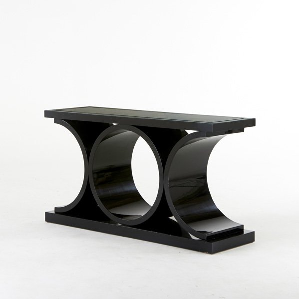 AFTER KARL SPRINGER: Double J.M.F. style console, New York, 1990s; Lacquered wood; Unmarked; 32" x 60" x 18"