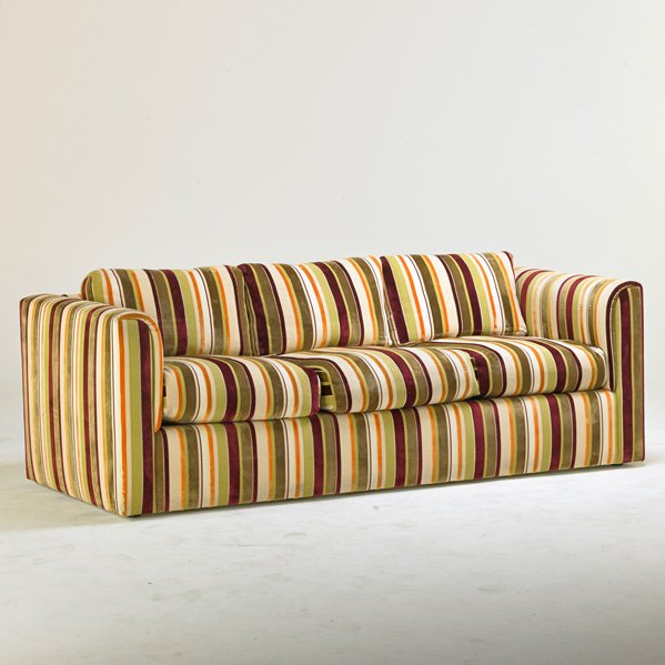 J. ROBERT SCOTT INC.: Three-seat sofa, Englewood, CA, 1990s; Silk; Upholstery label; 29 1/2" x 89" x 39"