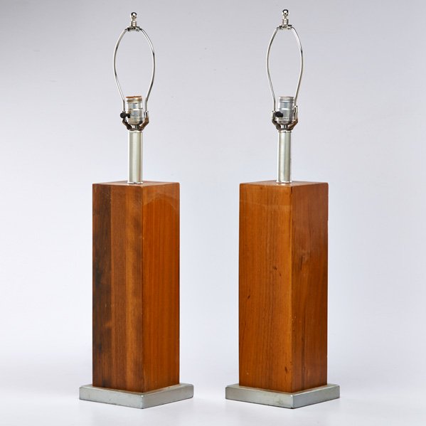 MODERN LIGHTING: Pair of brushed aluminum and walnut veneer table lamps, 20th c.; Both unmarked; To finial: 30 1/2" x 6 1/2" sq.