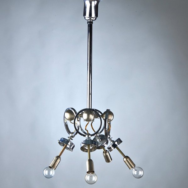 MODERN LIGHTING: Hanging frame with four arms, ca. 1970s; Chromed metal, brushed aluminum; Unmarked; To ceiling cap: 32" x 14" dia.