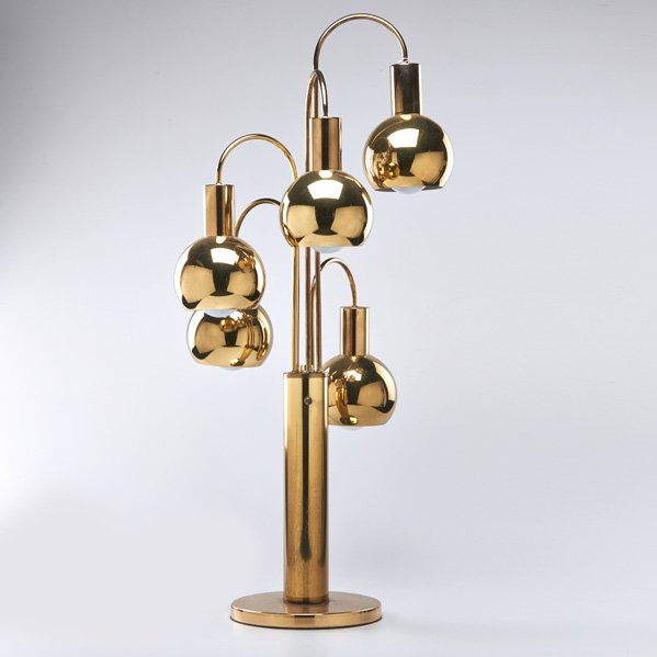 MODERN LIGHTING: Polished brass table lamp with five ball-covered sockets, 1970s; Unmarked; 40" x 9 1/2" dia.