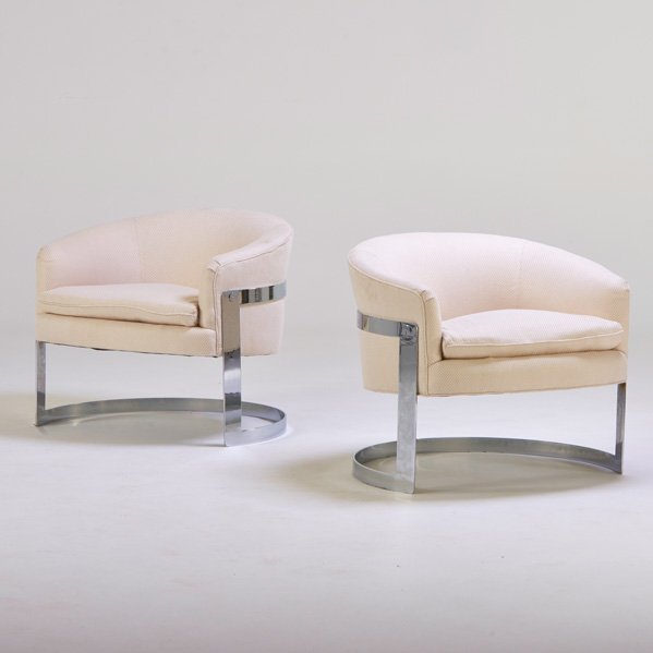MILO BAUGHMAN (Attr.): Pair of club chairs, Lenoir, NC, 1970s; Chromed steel, upholstery; Unmarked; 26 1/2" x 31" x 28"