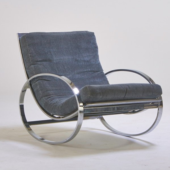 MILO BAUGHMAN (Attr.): Rocking chair, USA, 1970s; Chromed steel, upholstery; Unmarked; 33" x 27 1/2" x 42"