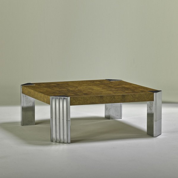 MILO BAUGHMAN (Attr.): Coffee table, USA, 1970s; Burlwood, chromed steel; Stenciled numbers to underside; 15" x 40" sq.