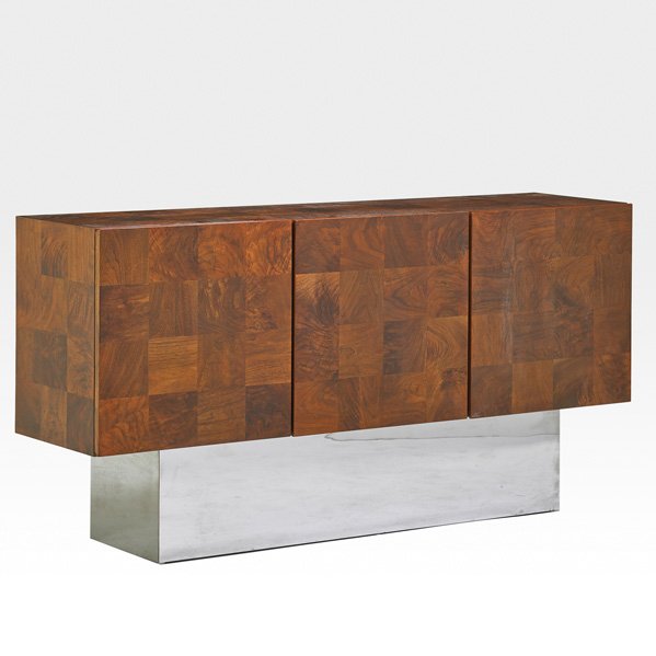 MILO BAUGHMAN; THAYER COGGIN: Cabinet, High Point, NC, 1970s; Maple burl, chromed steel; Unmarked; 34" x 66" x 17 1/2"