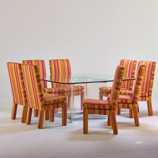 MILO BAUGHMAN; ALESSANDRO ALBRIZZI: Six upholstered tall-back chairs and acrylic, chromed steel and glass dining table, USA/Italy, 1960s; Unmarked; Table: 29" x 60" x 60", chair: 40 3/4" x 20" x 18 1/2"