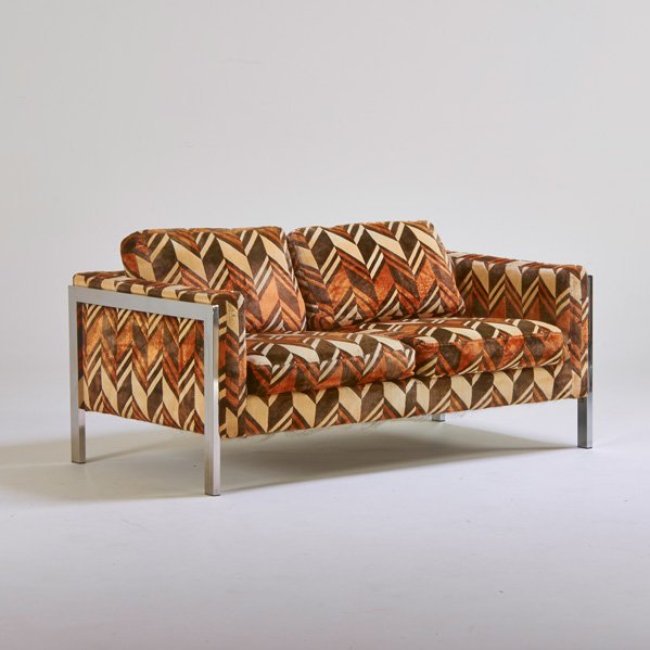 STYLE OF MILO BAUGHMAN: Loveseat, USA, 1970s; Chromed steel, velvet; Unmarked; 29" x 60" x 35"