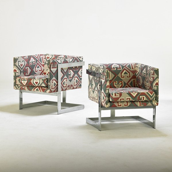 MILO BAUGHMAN; THAYER COGGIN: Pair of T-Back lounge chairs, High Point, NC, 1970s; Chromed steel, upholstery; Unmarked; 26" x 24 1/2" x 26"