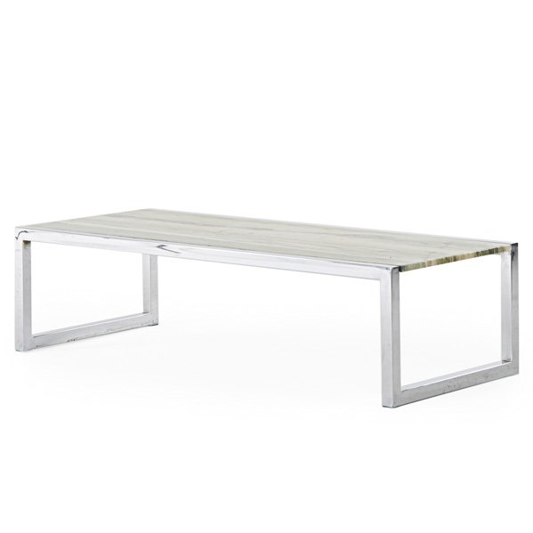 STYLE OF MILO BAUGHMAN: Coffee table, USA, 1970s; Chromed steel, marble; Unmarked; 15" x 58" x 24"