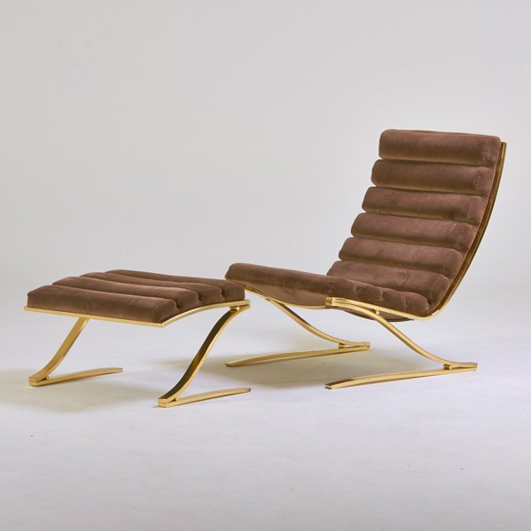 MILO BAUGHMAN (Attr.); DESIGN INSTITUTE AMERICA: Lounge chair and ottoman, USA, 1970s; Brass-plated steel, upholstery; Manufacturer labels; Chair: 36" x 28" x 37", ottoman: 16 1/2" x 28" x 20"