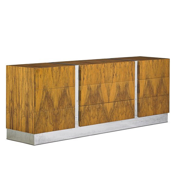 MILO BAUGHMAN; THAYER COGGIN: Nine-drawer dresser, High Point, NC, 1970s; Bleached rosewood, chromed steel; Manufacturer's label; 28 1/4" x 74" x 18"