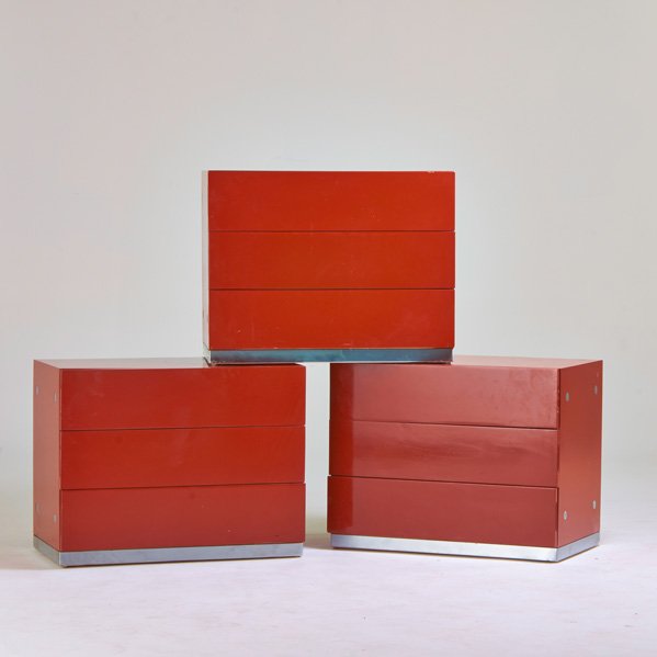 MILO BAUGHMAN; THAYER COGGIN: Three three-drawer dressers, High Point, NC, 1970s; Lacquered wood, chromed metal; Labels, Each: 24 1/2" x 31" x 18"