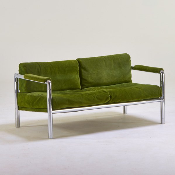 AMERICAN: Loveseat, 1970s; Chromed steel, suede; Unmarked; 27" x 54" x 31"