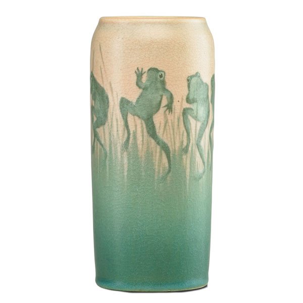 E.T. HURLEY; ROOKWOOD Vellum vase w/ frogs: EDWARD T. HURLEY (1869 - 1950) ROOKWOOD Vellum vase with whimsical dancing frogs, Cincinnati, OH, 1905; Flame mark/V/952E/V/artist's cipher; 7" x 3 1/4" Provenance: The Lillian Hoffman Collection; Jor