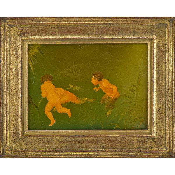 BRUCE HORSFALL; ROOKWOOD Glazed plaque: BRUCE HORSFALL (1868 - 1948) ROOKWOOD Standard Glaze plaque of two fauns chasing a putto, Cincinnati, OH, ca. 1900; In period frame; Unmarked; Sight: 7" x 10" Provenance: The Lillian Hoffman Collectio